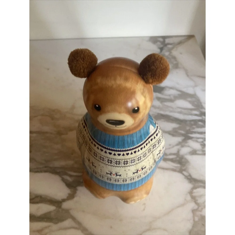 Bear Shaped Metal Tin Brown Blue Fair Isle Sweater Reindeer Holiday Decor